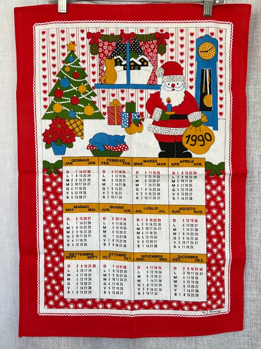 90's Christmas Tea Towel Calendar 18" x 26" Santa Xmas Tree Sleeping Cat